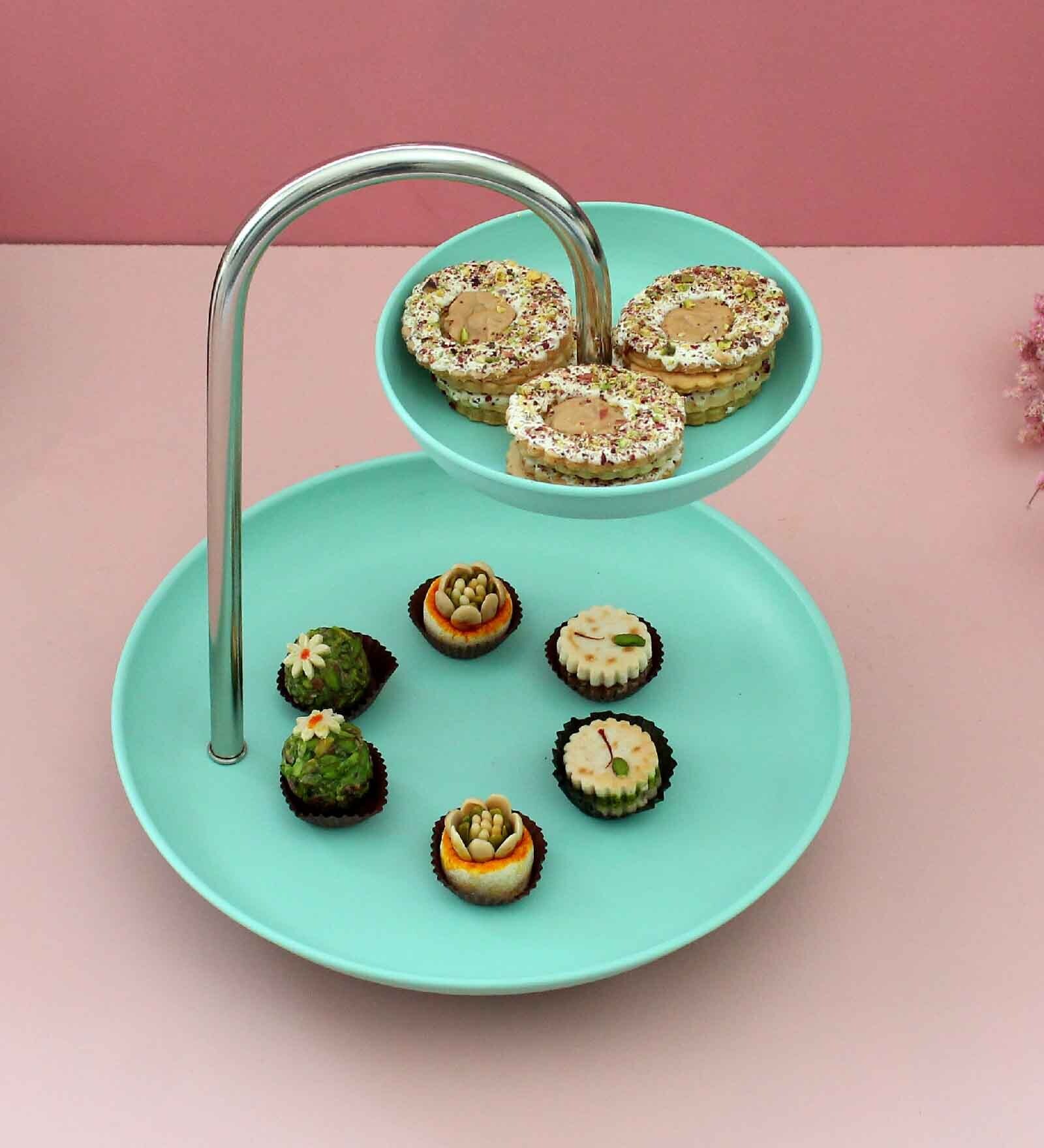 Zinn Vistosa Sea Green Tin & Stainless Steel 2 Tier Appetizer Platter