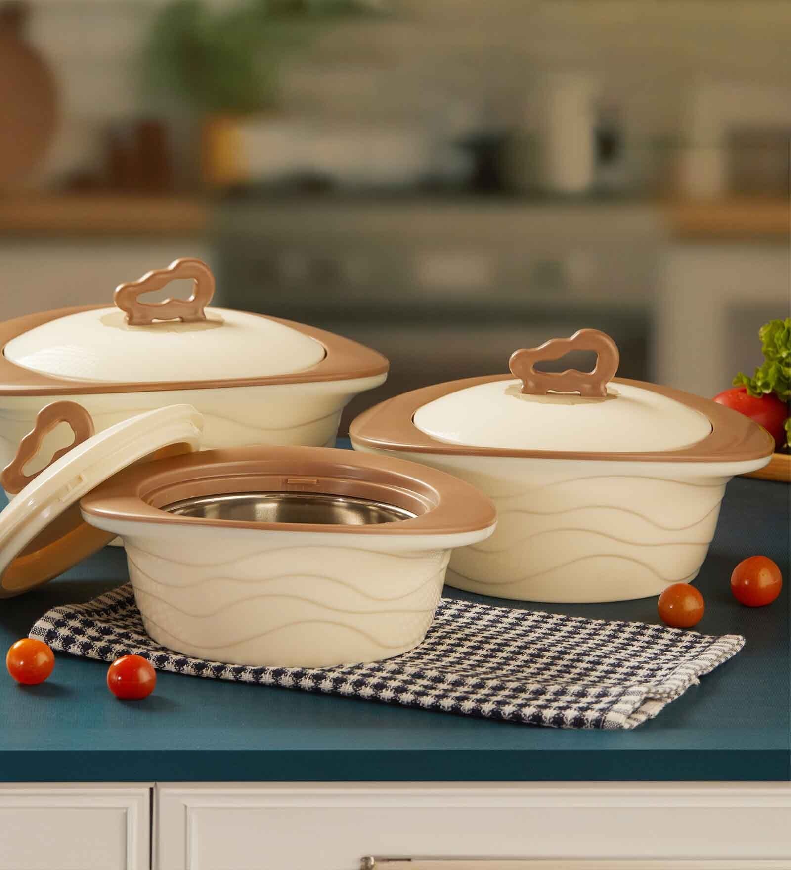 Zinna  Brown Plastic & Steel Thermoware Casserole (Set of 3)