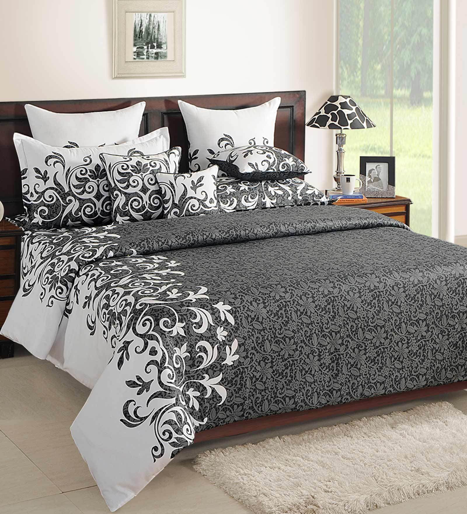Black Floral 250 TC Cotton Double King Size Bedsheet Gift Set
