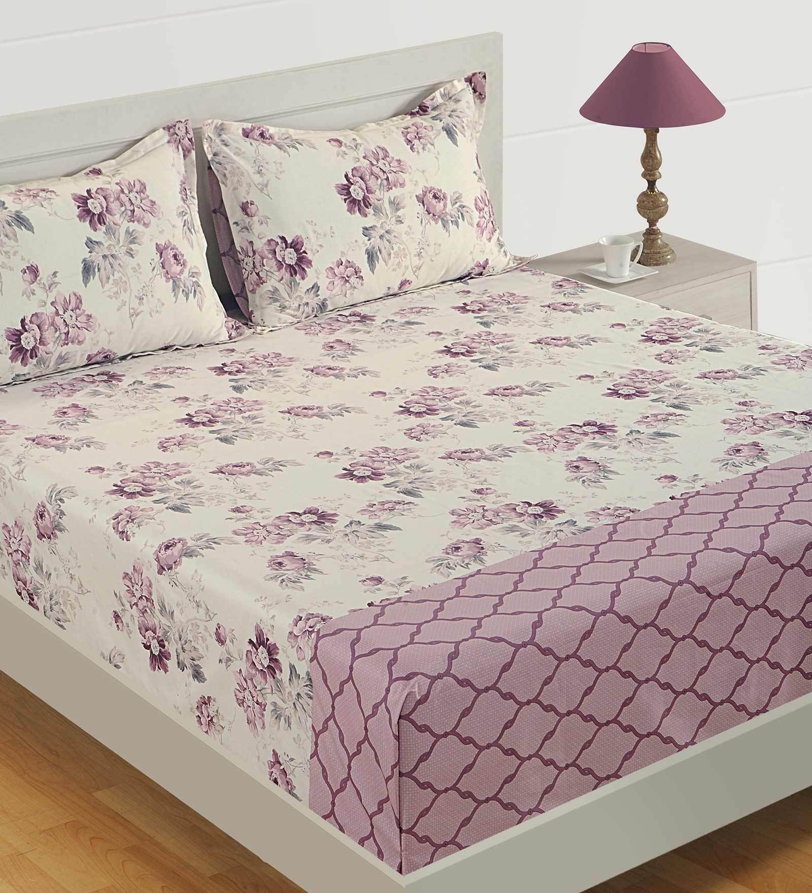 Purple Floral 250 TC Cotton 1 Double King Size Bedsheet with 2 Pillow Covers