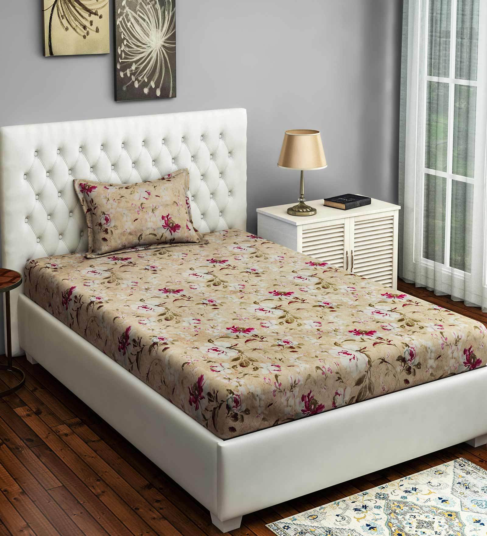 Off White & Cream Floral 240 TC Cotton Satin Single Size Bedsheet With 1 Pillow Covers Swayam Zinnia Collection