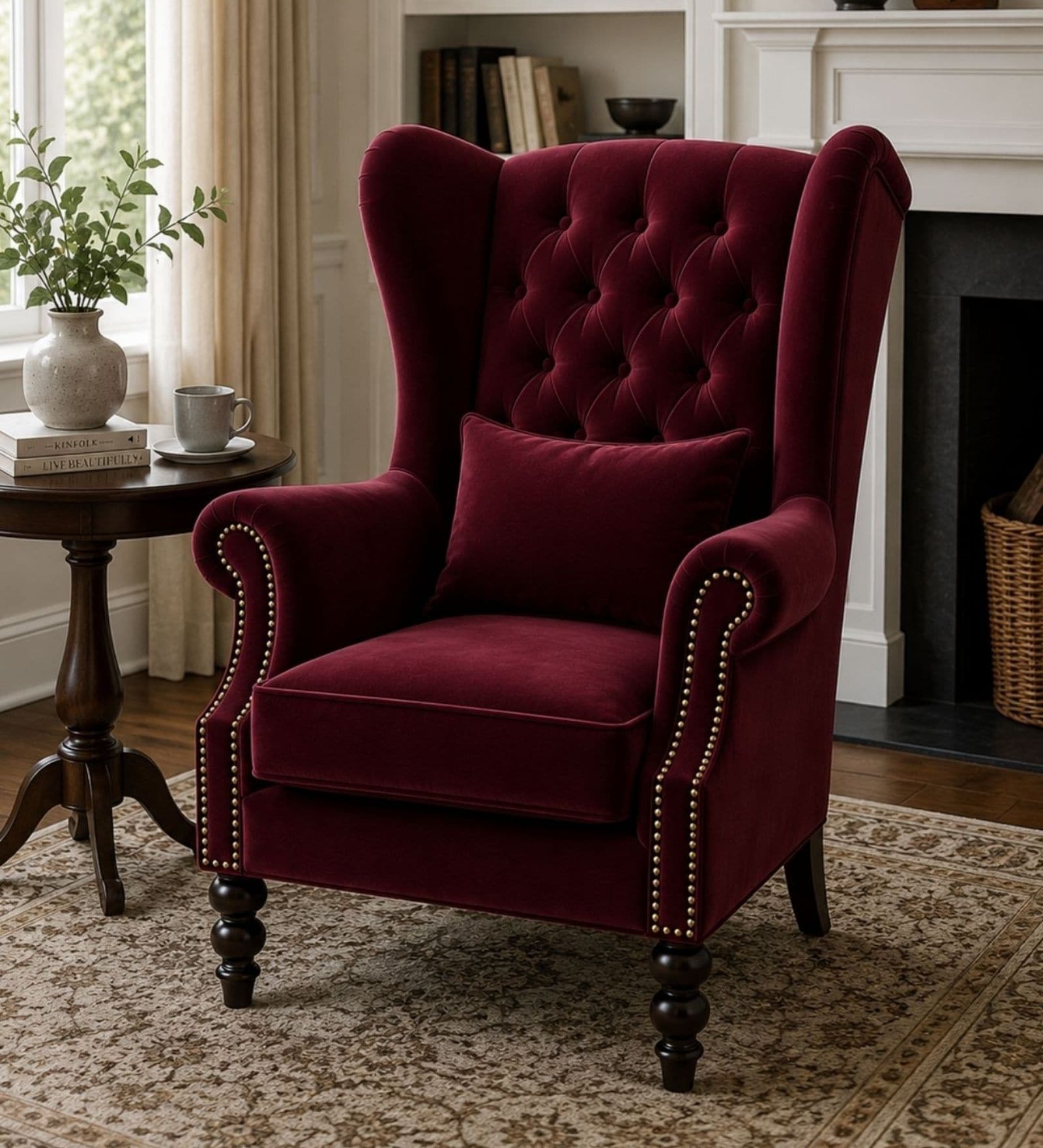 ZInnia Teak Wood High Back Chair With Suede Fabric In Maroon Colour ZInnia Teak Wood High Back Chair With Suede Fabric In Maroon Colour