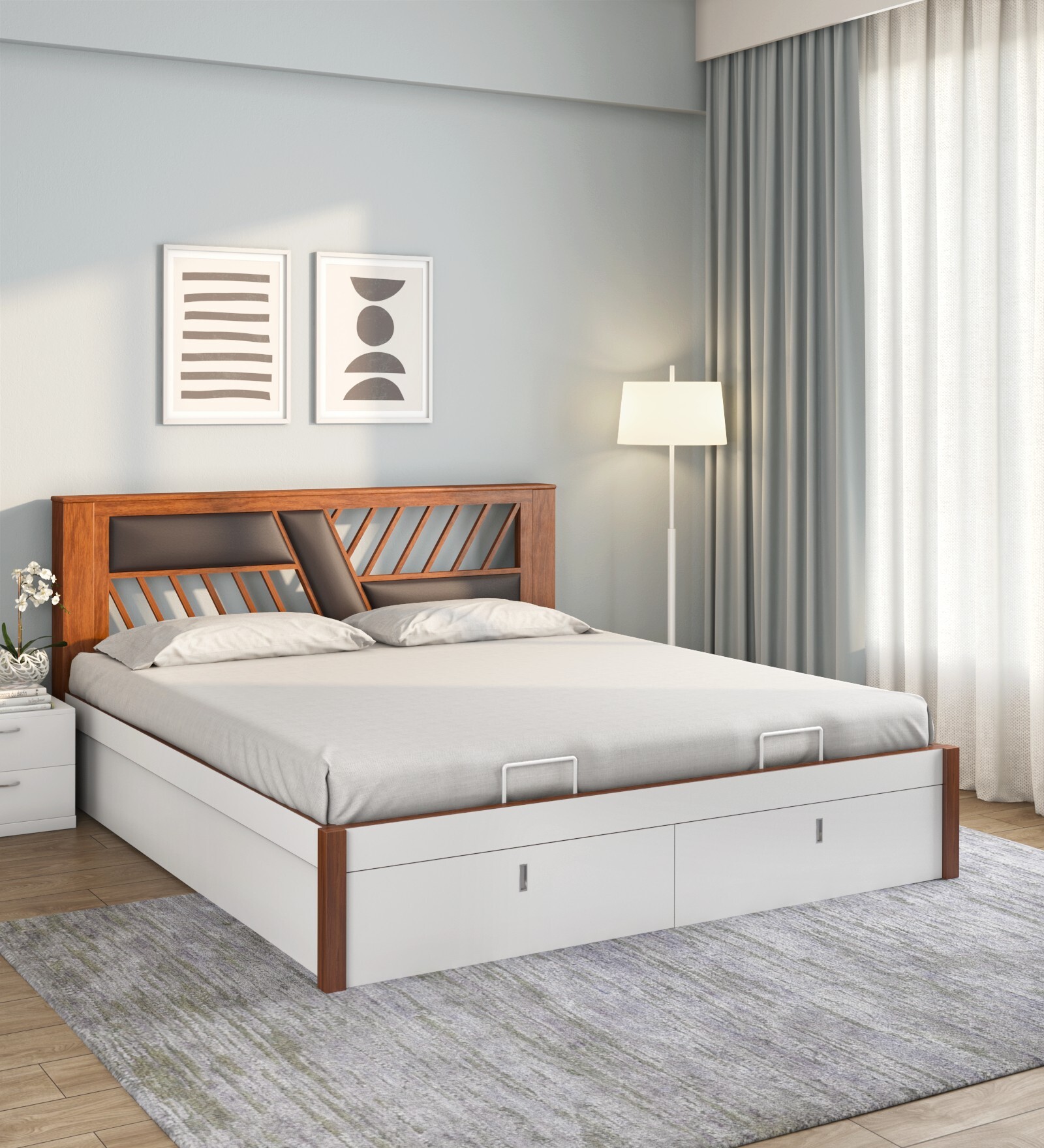 Zion Premier Queen Size Bed in White Finish with Hydraulic Storage