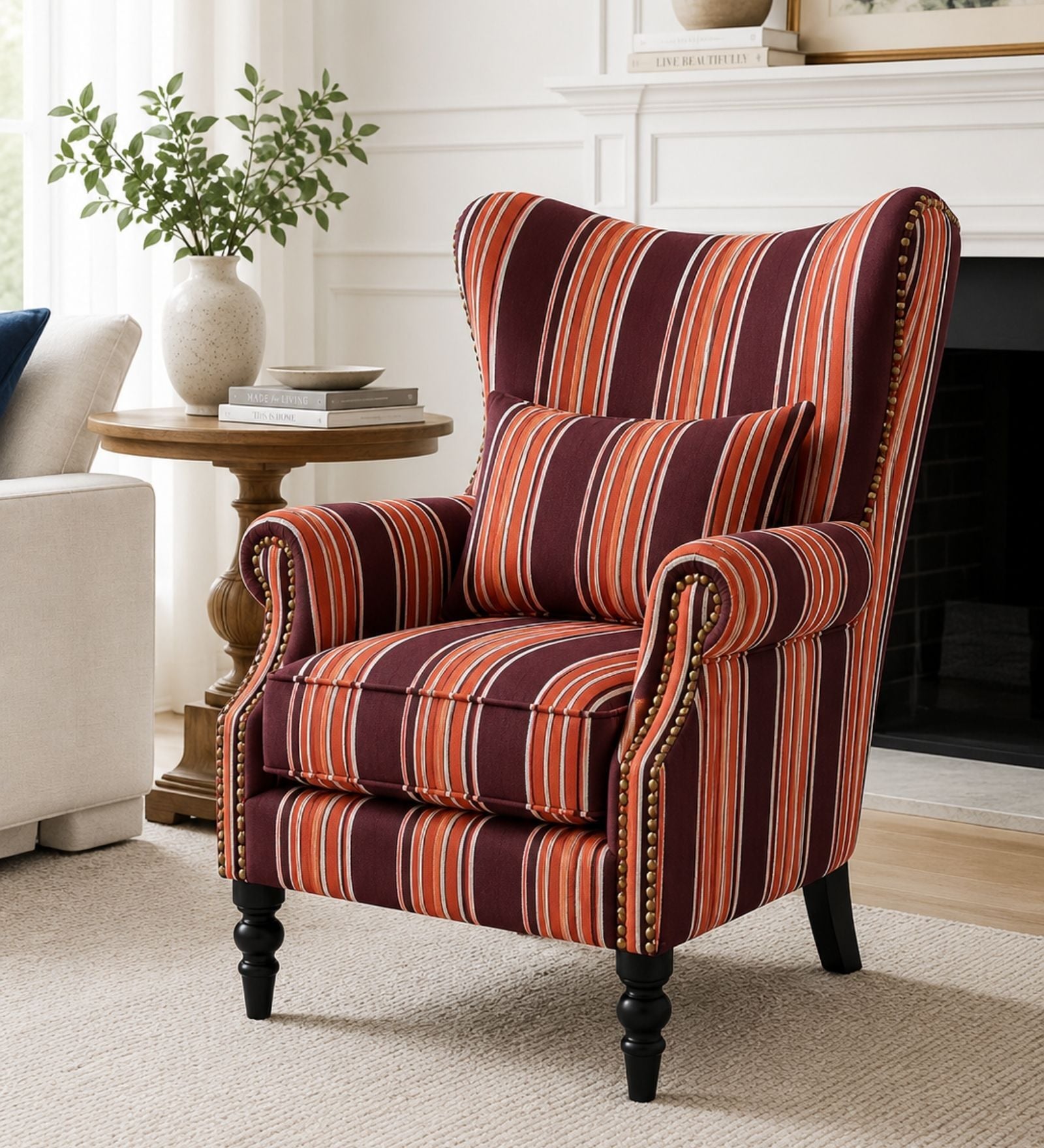 Zion Teak Wood Wing Chair With Suede Fabric In Orange Colour Zion Teak Wood Wing Chair With Suede Fabric In Orange Colour