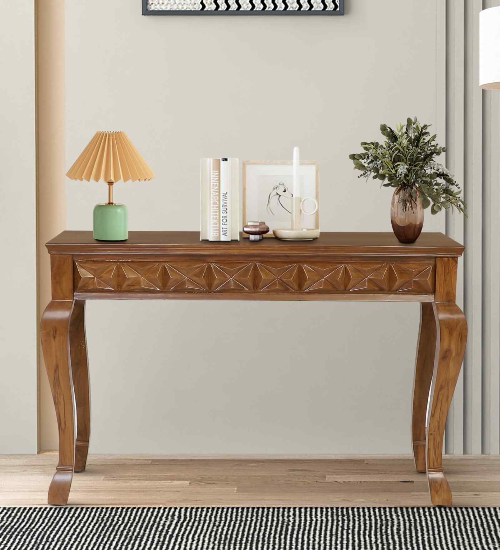 Ziri Solid Wood Console Table In  Teak Finish