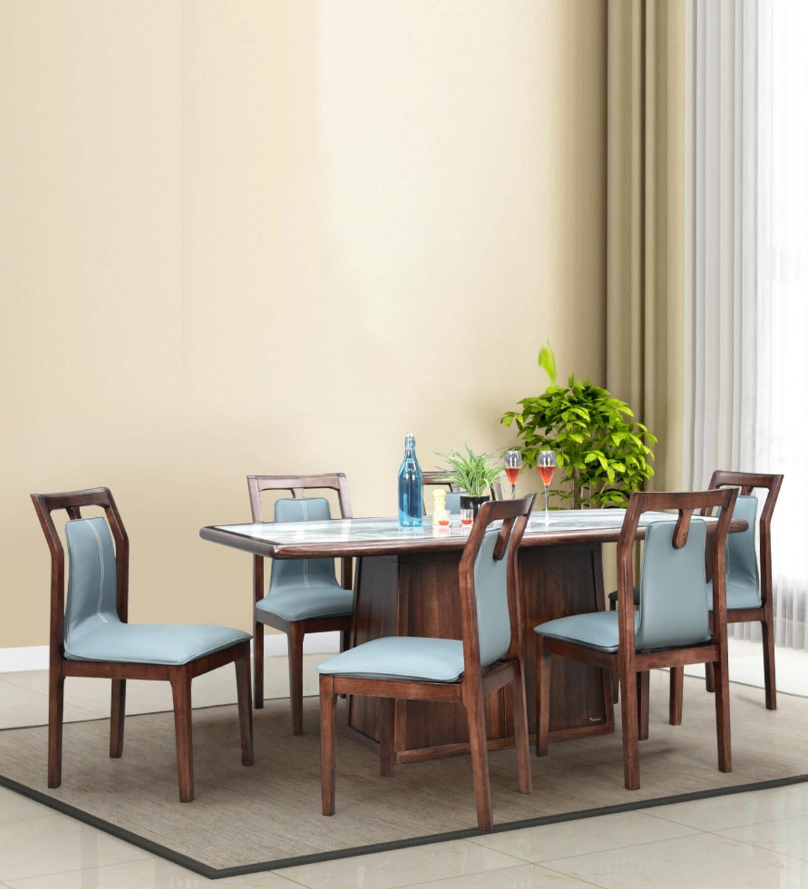 Zixi Marble Top 6 Seater Dining Set In Sky Blue & Brown Finish