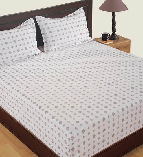 White & Green Ethnic Motif 240 TC Cotton Satin King Size (Large) Bedsheet With 2 Pillow Covers Swayam Zinnia Collection