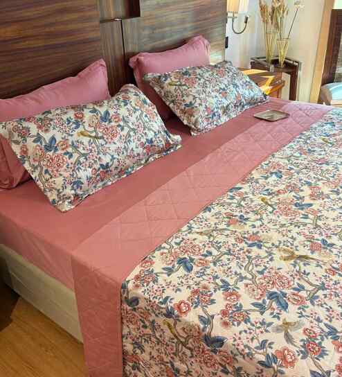 Zinnia Pink 100% Cotton Floral 250 GSM Double Bed AC Comforter (Pink)