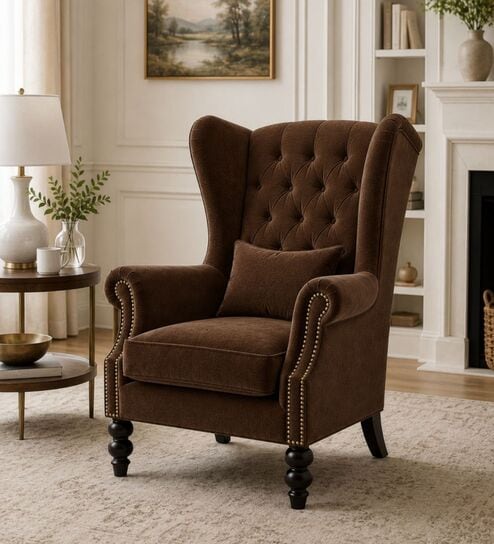 Zinnia Teak Wood High Back Wing Chair With Suede Fabric In Brown Colour