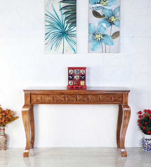 Ziri Solid Wood Console Table in Teak Finish