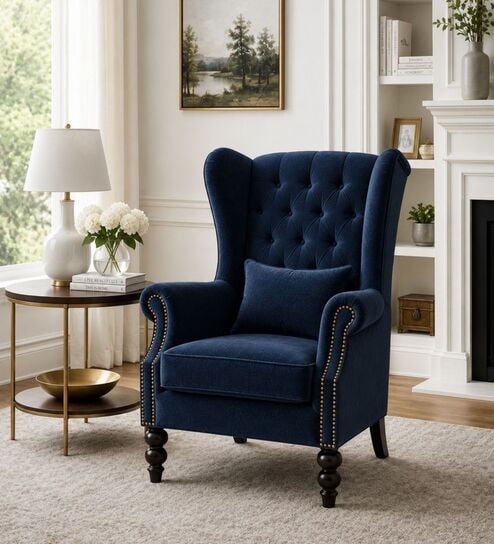 Zivora Teak Wood High Back  Chair With Suede Fabric In Blue Colour