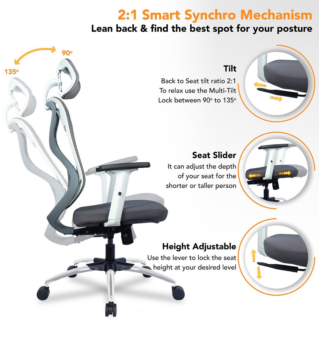 Buy Zodiac Pro High Back Ergonomic Chair in White & Grey Colour by ...