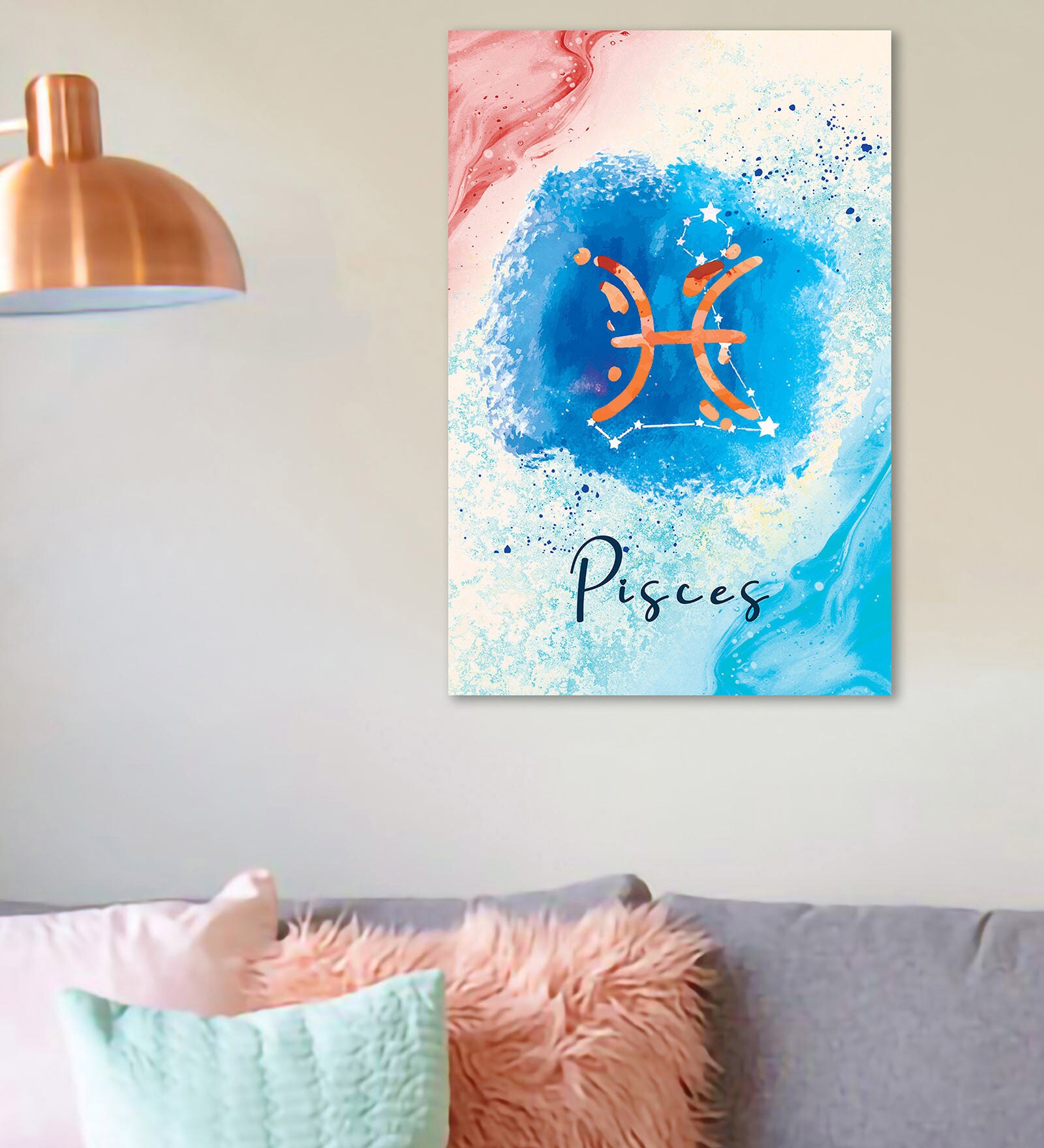 Zodiac Sign Pisces 16"X24" Stretched And Teakwood Framed Art Print