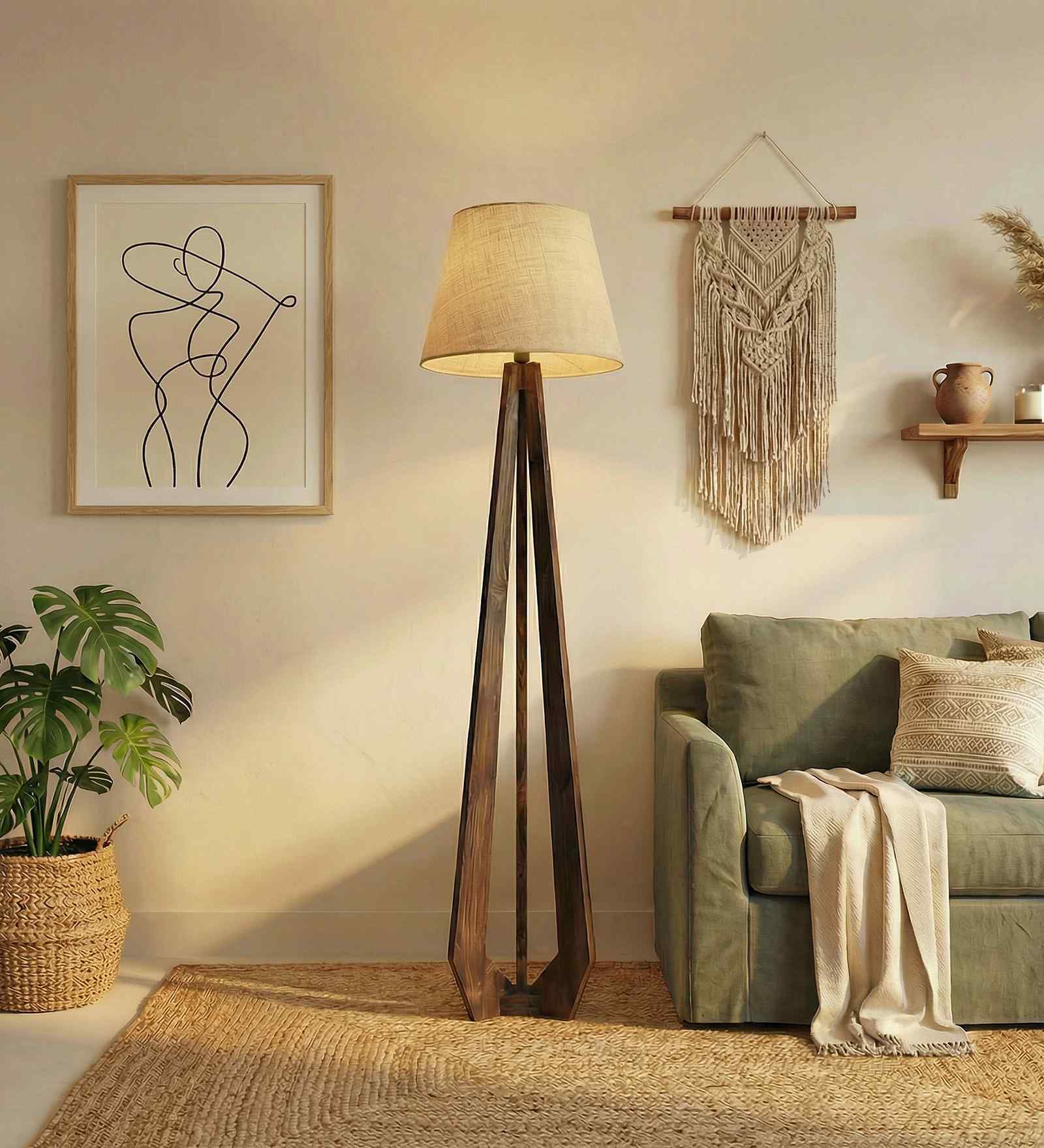 Zoe Wooden Floor Lamp with Jute Shade & Brown Base