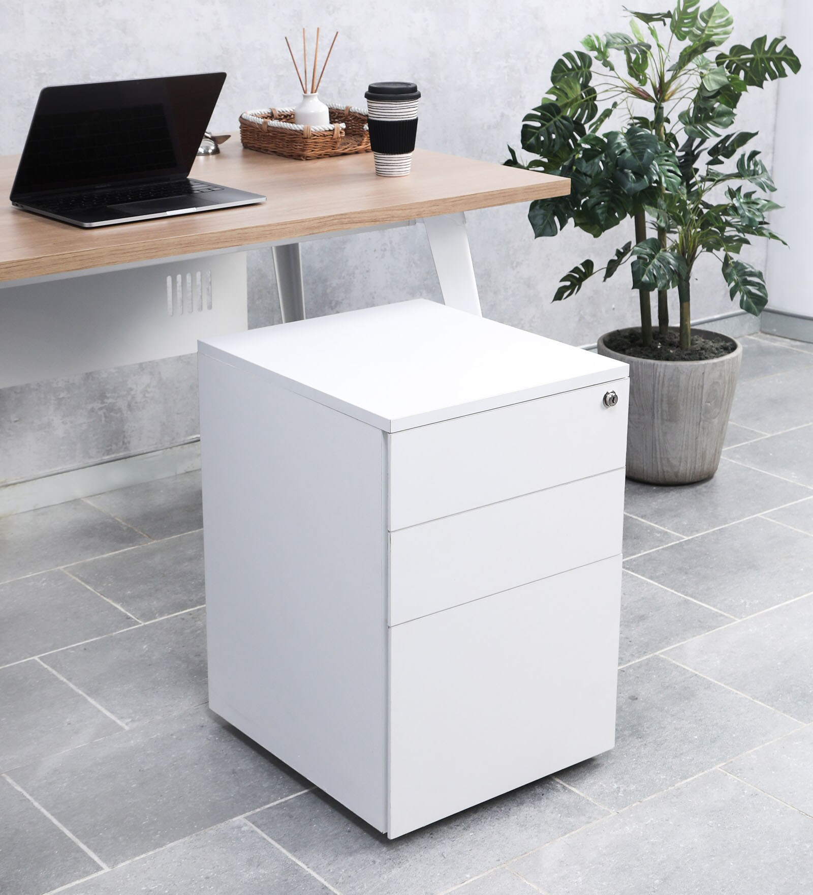 Zoey-W Wooden Pedestal With Drawers in White Colour