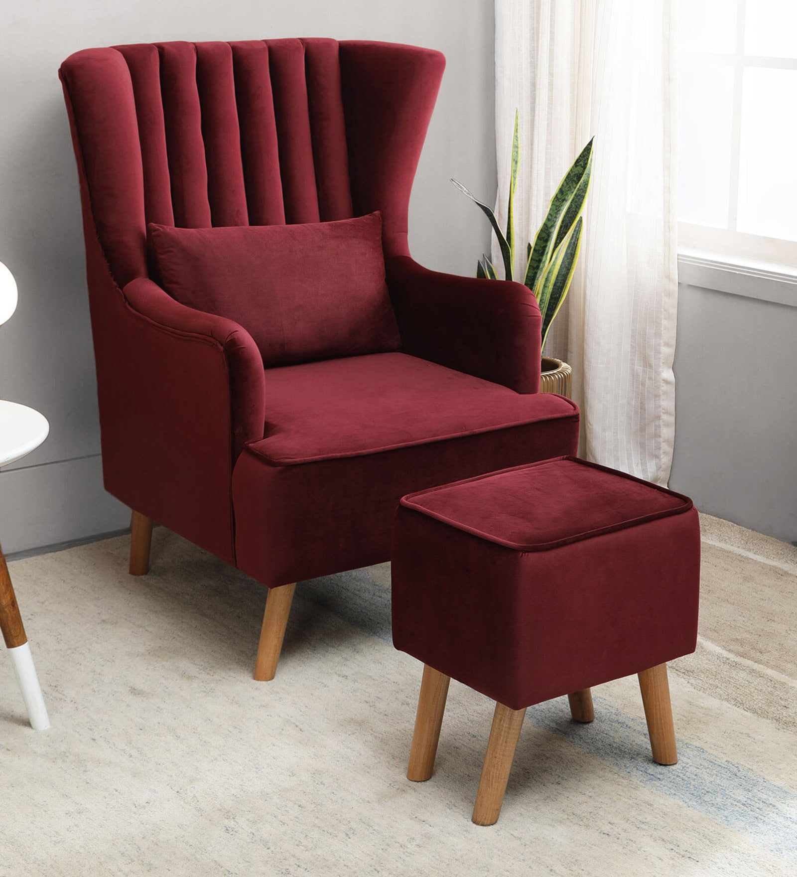 Jairo Velvet Wing Chair In Velvet Red Colour With Footrest With Foot Stool