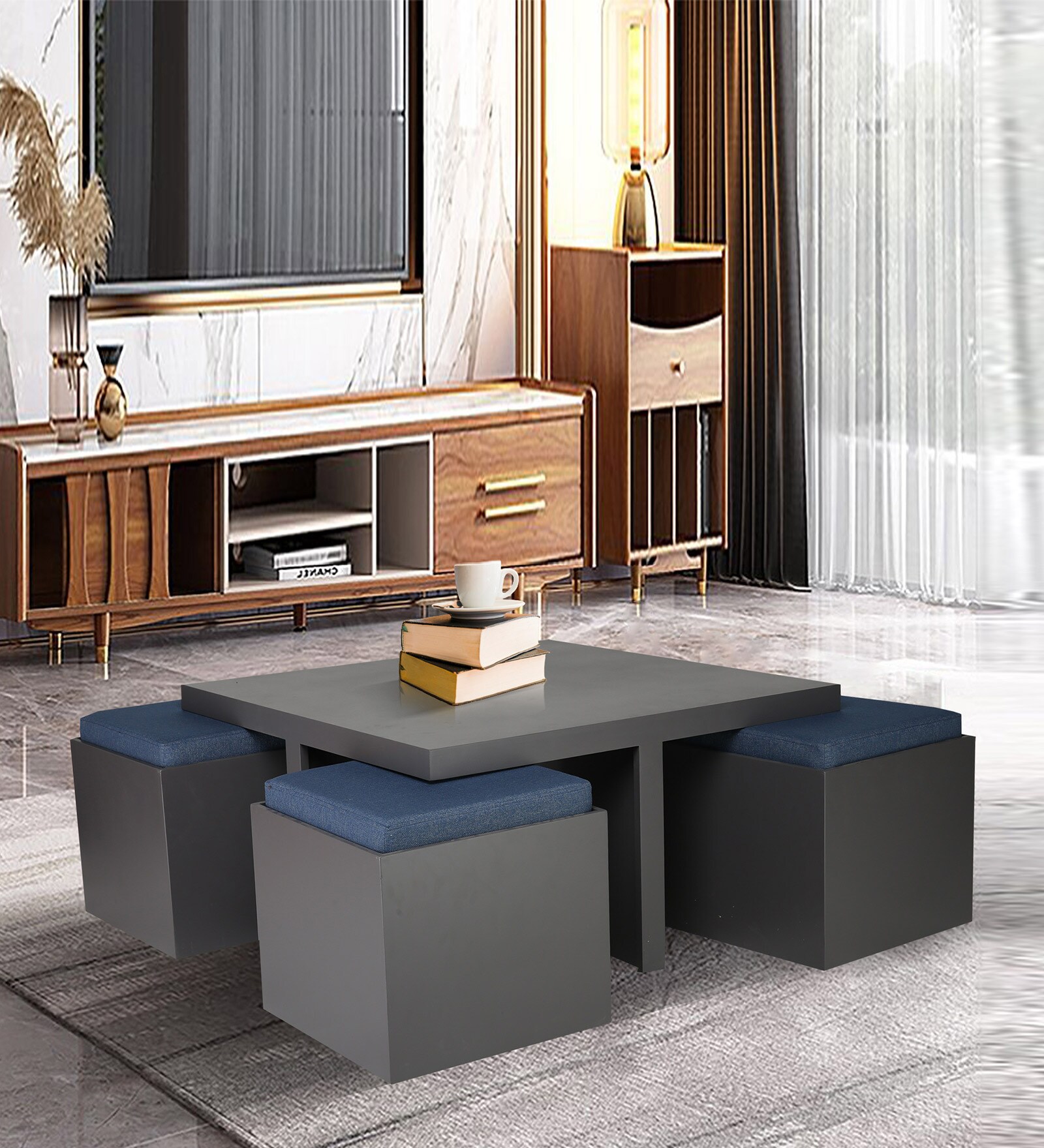 Zolo Nesting Coffee Table Set in Blue & Grey Finish with 4 Stool