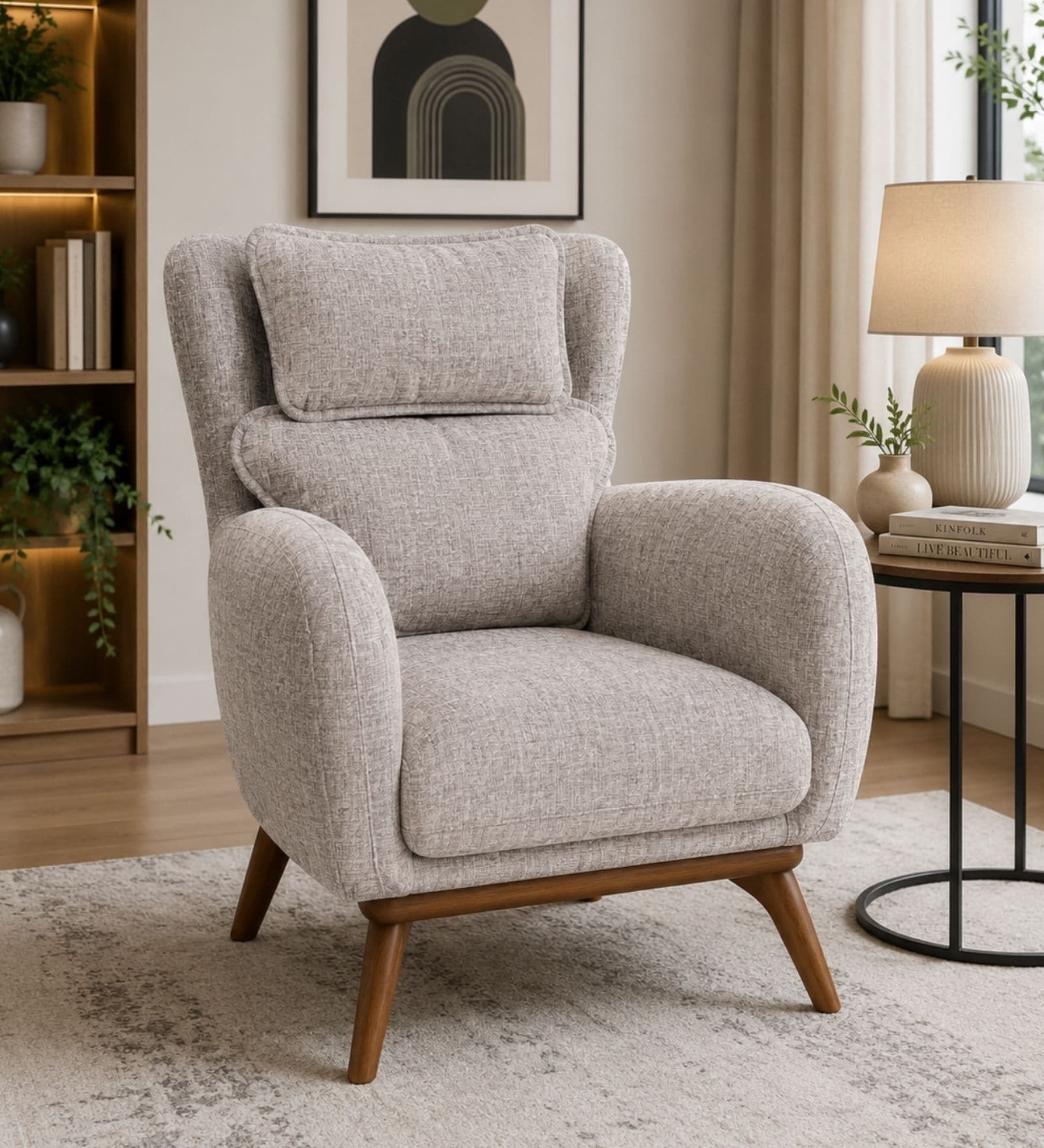 Zorella Teak Wood Wing Chair With Suede Fabric In Beige Colour Zorella Teak Wood Wing Chair With Suede Fabric In Beige Colour