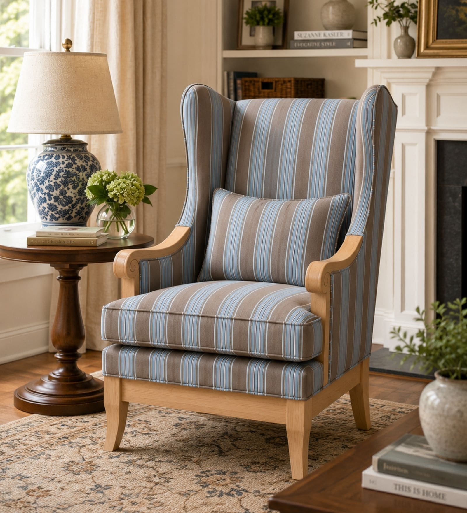 ZorIn Teak Wood Wing Chair With Suede Fabric In Striped Steel Blue ZorIn Teak Wood Wing Chair With Suede Fabric In Striped Steel Blue