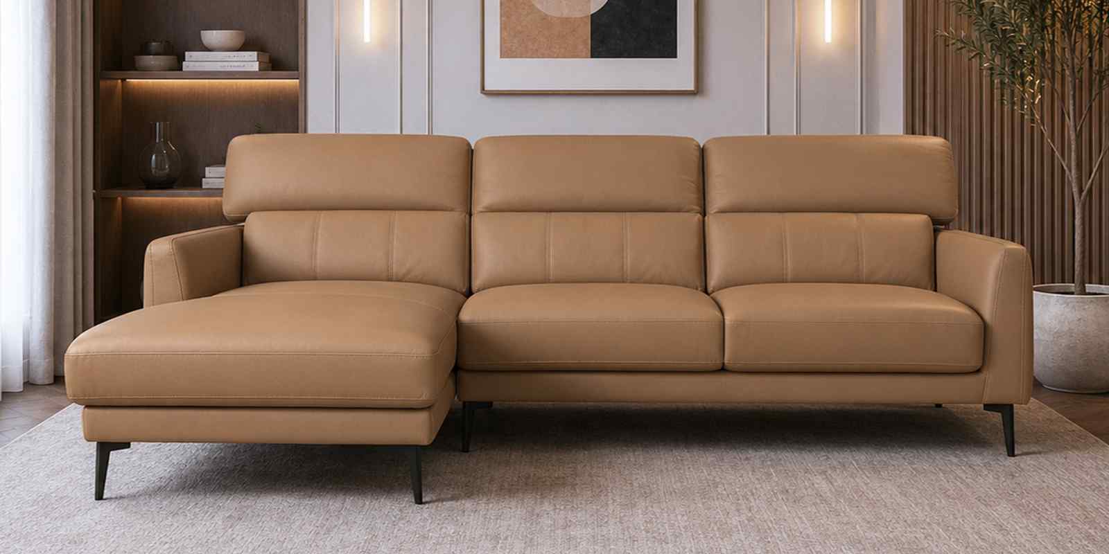 Zorino Leather Fabric RHS Sectional Sofa (3 + Lounger) In Husk Brown Colour Zorino Leather Fabric RHS Sectional Sofa (3 + Lounger) In Husk Brown Colour