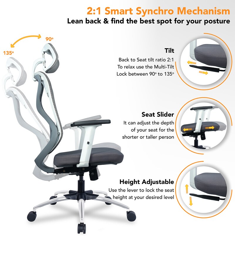 Buy Zodiac Breathable Mesh Ergonomic Chair in White & Grey Colour