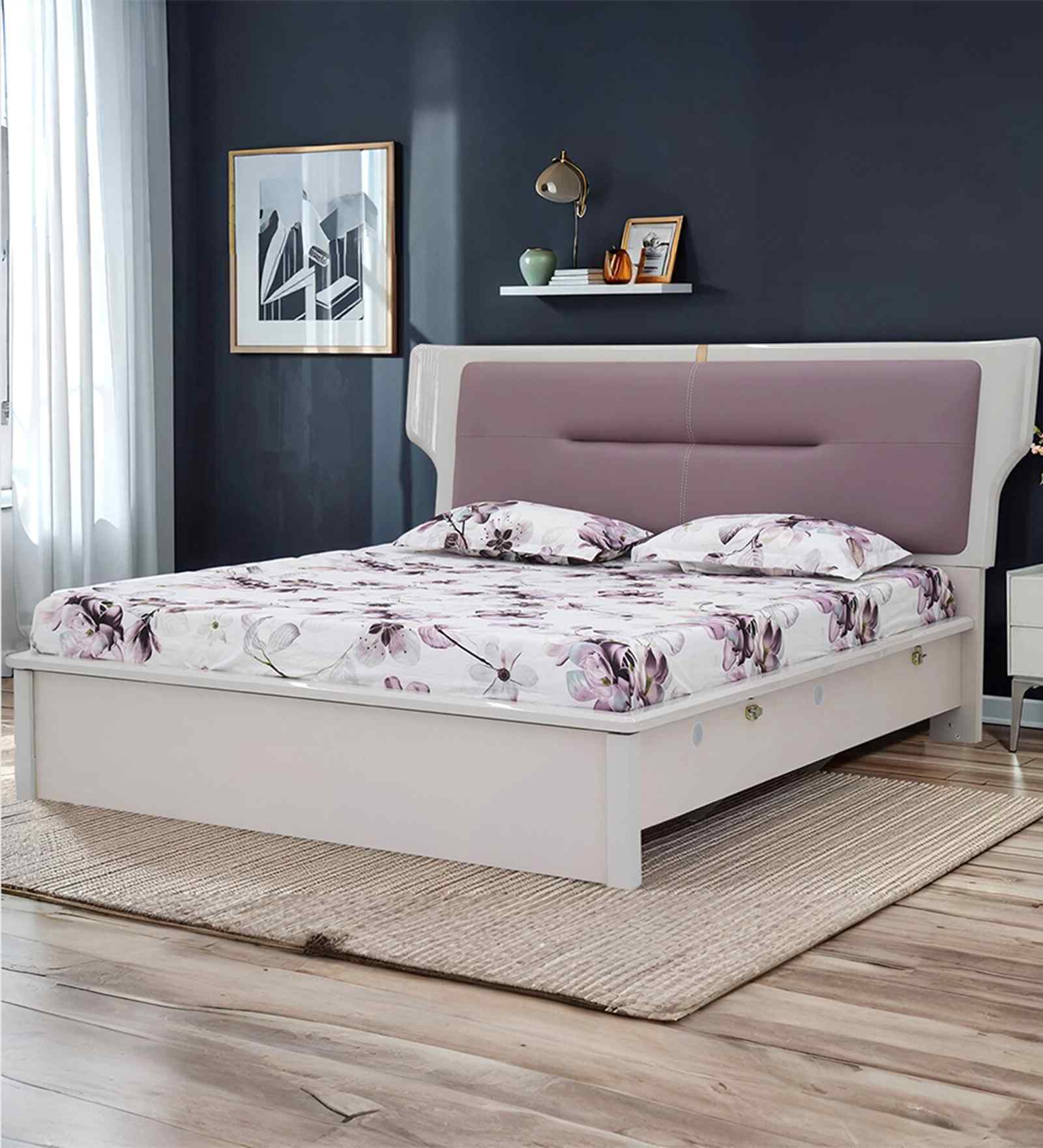 Zurich High Gloss Queen Size Bed With Upholstered Headboard & Hydraulic Storage In Beige Colour