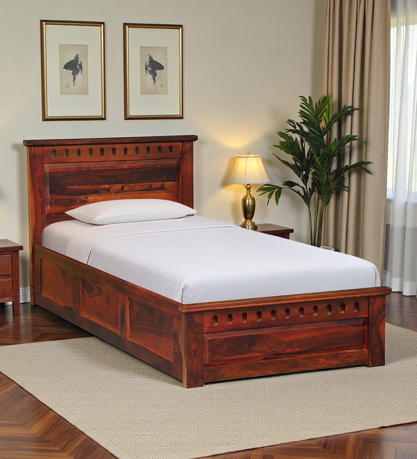 Zurndorf Sheesham Wood Single Bed In  Honey Oak Finish With Box Storage