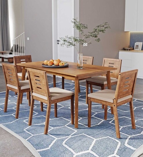 Zufa Solid Wood 6 Seater Dining Set In Midas Gold Finish