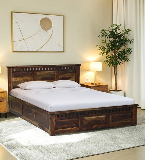 Zurndorf Sheesham Wood Queen Size Bed in  Provincial Teak Finish With Box Storage