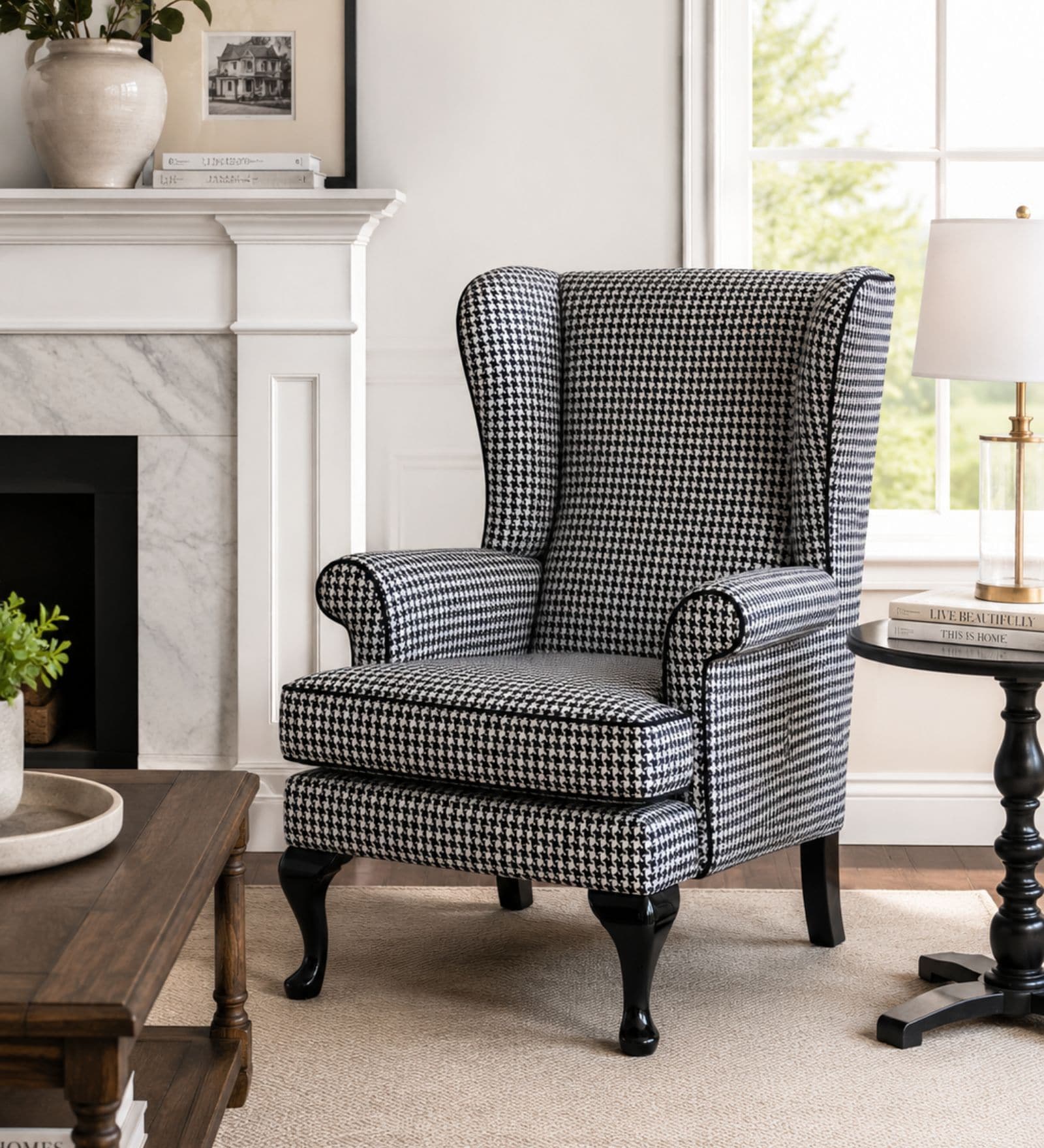 Zylar Teak Wood Chair With Suede Fabric In Black Houndstooth
