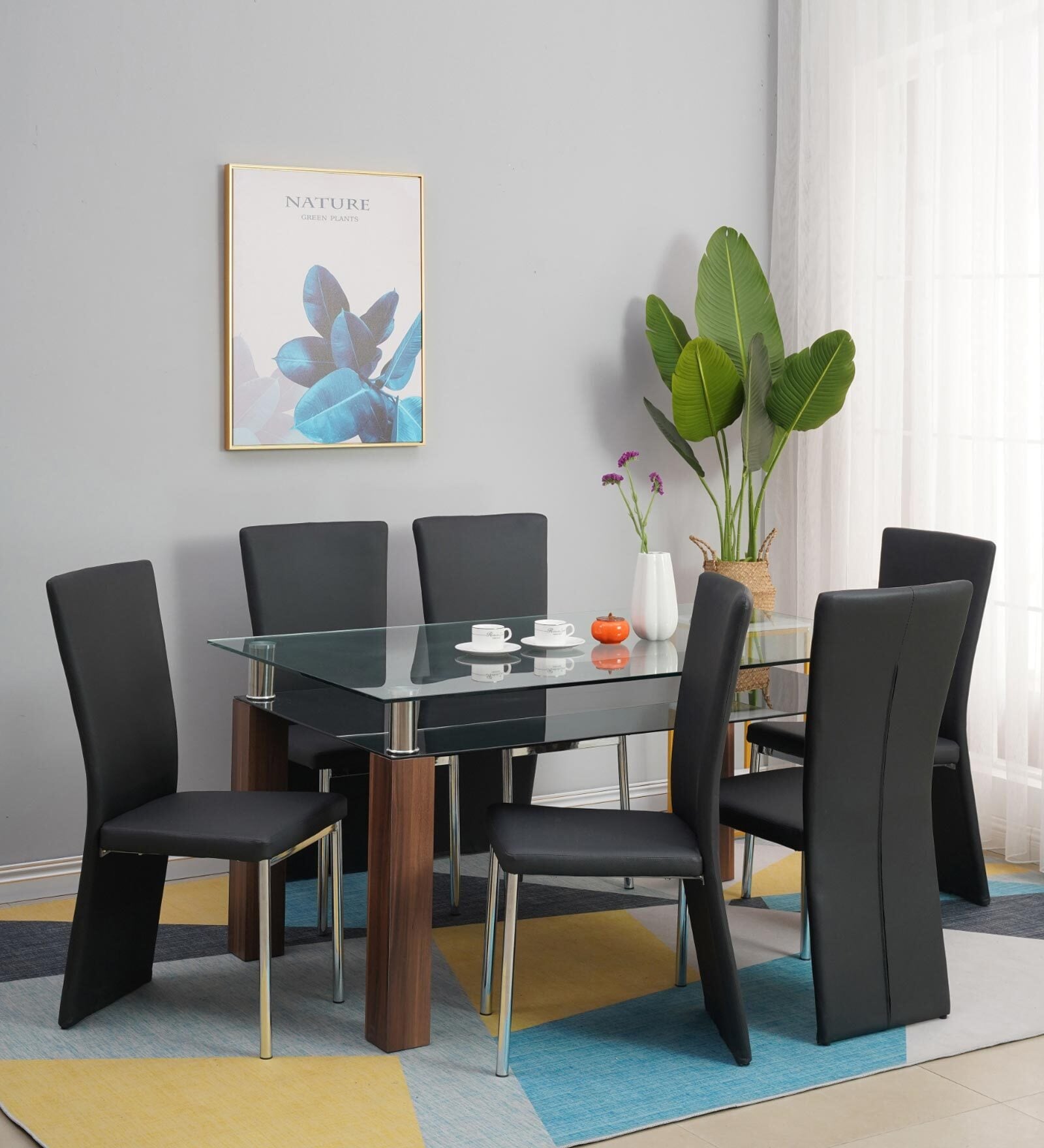 Zylxor Glass Top 6 Seater Dining Set In Black Finish