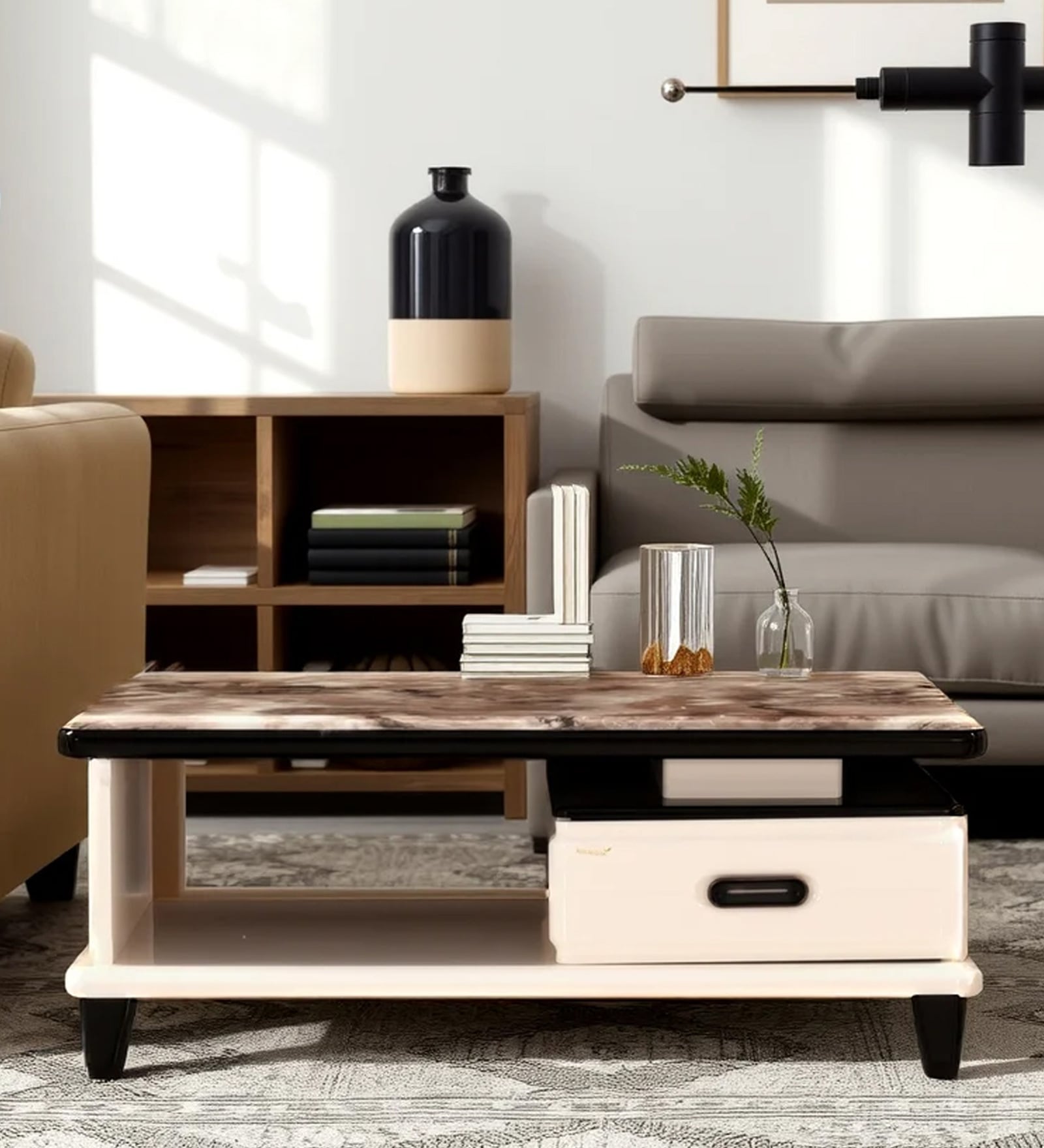 Zyra Marble Top Coffee Table In Cream And Brown Finish