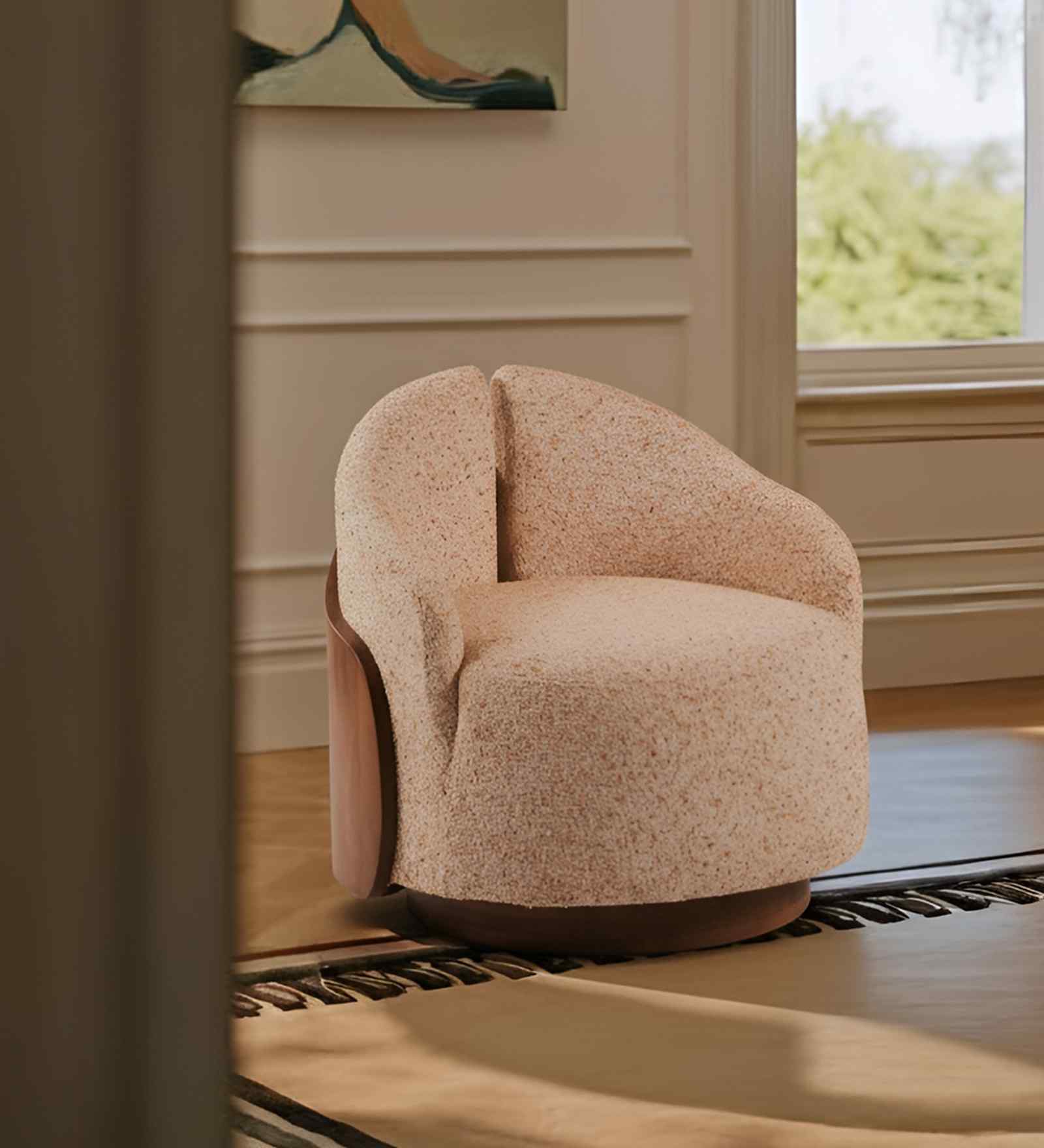 Zyra Revolving Barrel Chair In Chairin Walnut Finish