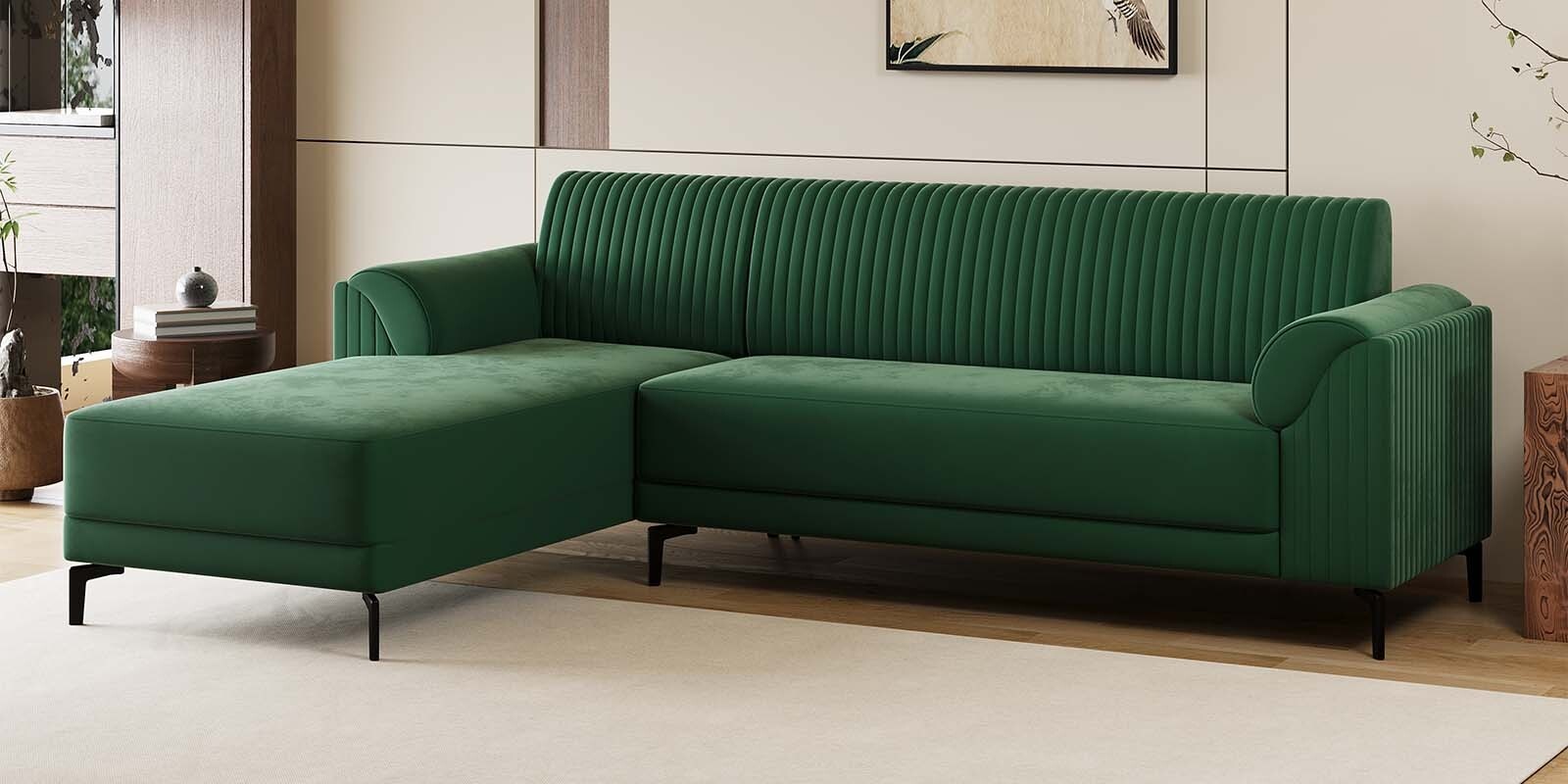 Zyra Water-Repellant Velvet Fabric RHS Sectional Sofa (3 + Lounger) in Emerald Green Color
