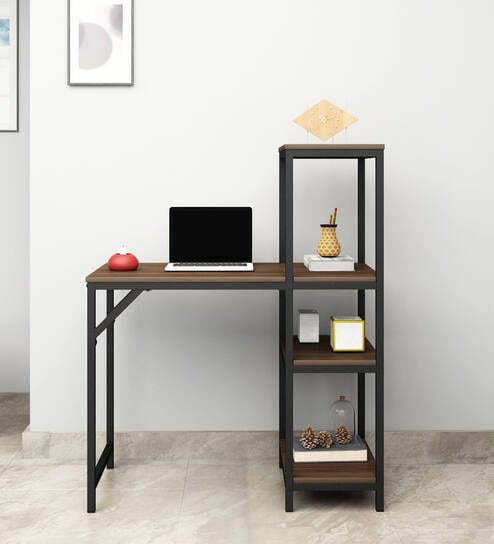 Zyaire Metal Writing Table In Spring Wallnut & Black Finish