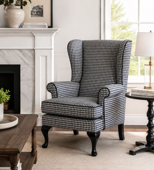 Zylar Teak Wood Chair With Suede Fabric In Black Houndstooth
