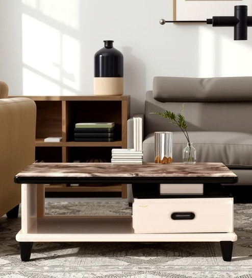 Zyra Marble Top Coffee Table In Cream And Brown Finish