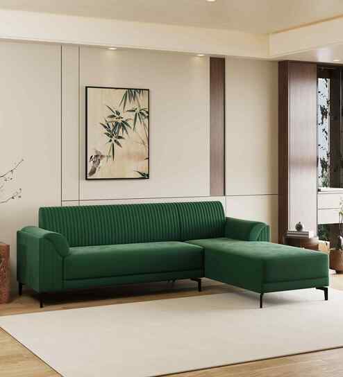 Zyra Water-Repellant Velvet Fabric LHS Sectional Sofa (3 + Lounger) in Emerald Green Color