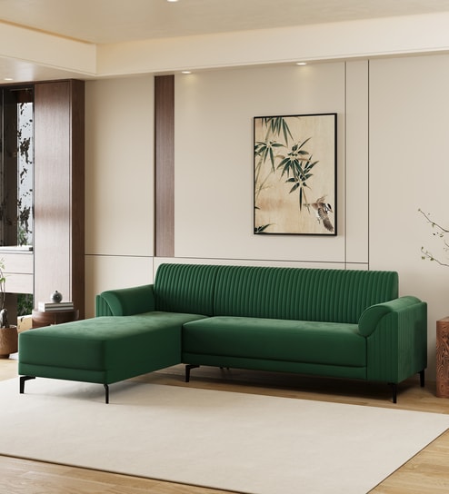 Zyra Water-Repellant Velvet Fabric RHS Sectional Sofa (3 + Lounger) in Emerald Green Color